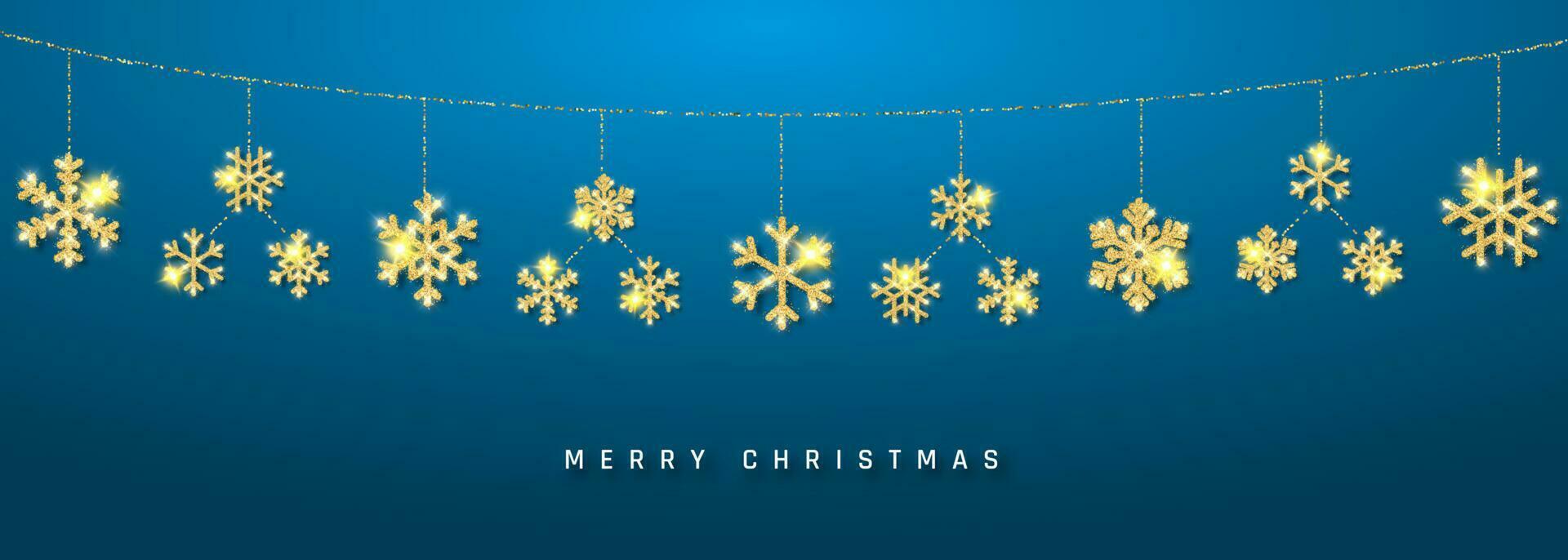 Natal ou Novo ano dourado floco de neve decoração festão em azul fundo. suspensão brilhar floco de neve. vetor ilustração