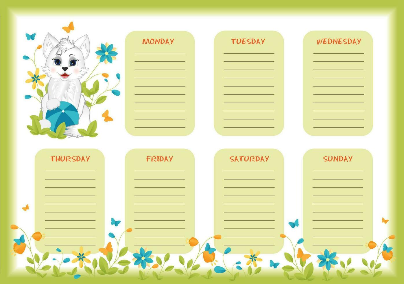 escola semanal e diariamente planejador com fofa pequeno branco gato dentro colorida Primavera e verão Projeto. vetor