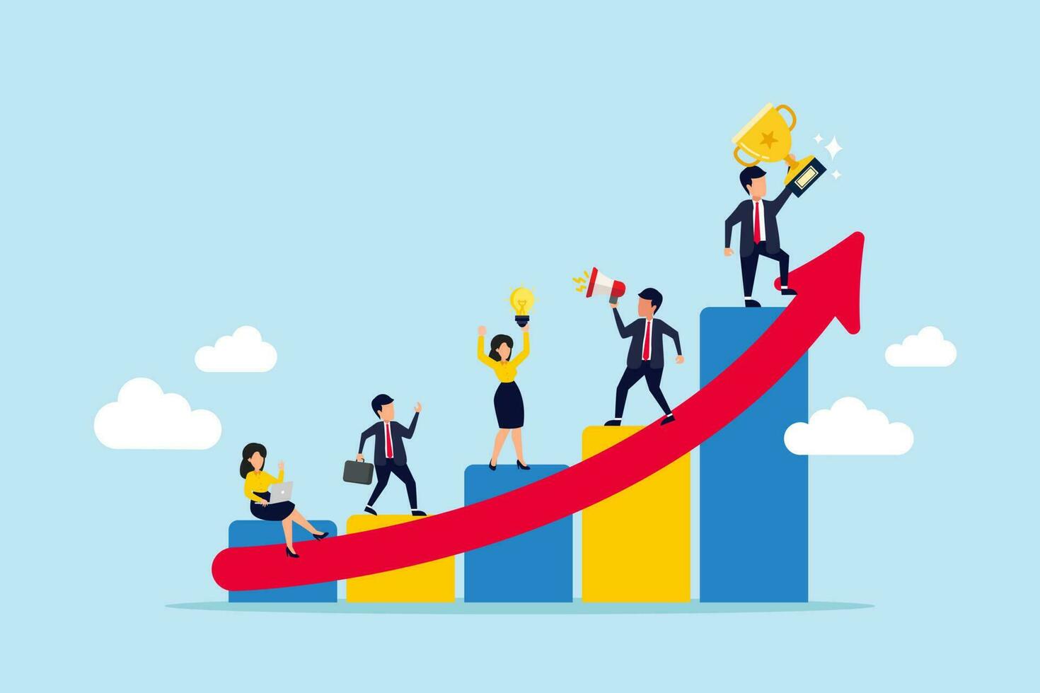 plano de desenvolvimento de negócios para melhoria, trabalho em equipe ajuda a aumentar a receita, crescimento e realização, estratégia de equipe para o conceito de sucesso nos negócios, equipe de empresários trabalhando para melhorar o gráfico de barras. vetor