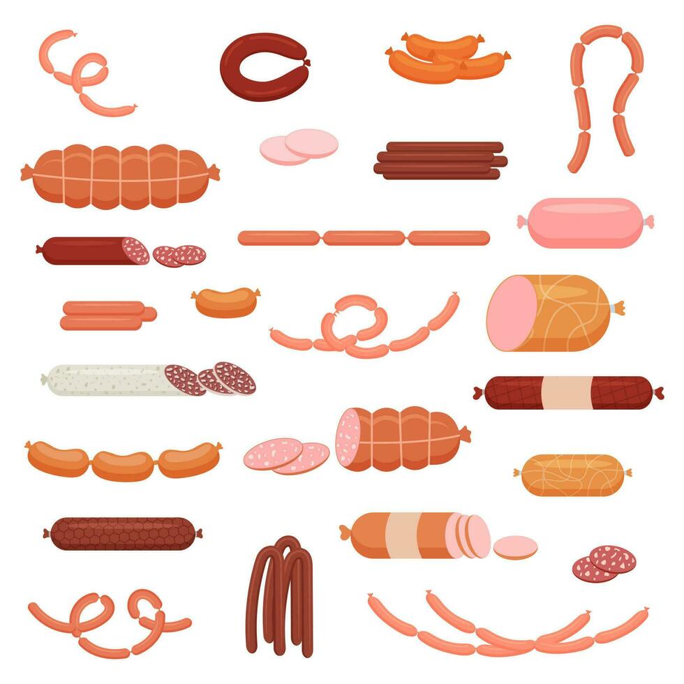 uma conjunto do cozinhou e defumado salsichas, salsichas, Caçando salsichas, todo salsicha, metade, corte, linguiça corda. comida, carne produtos. vetor ilustração.