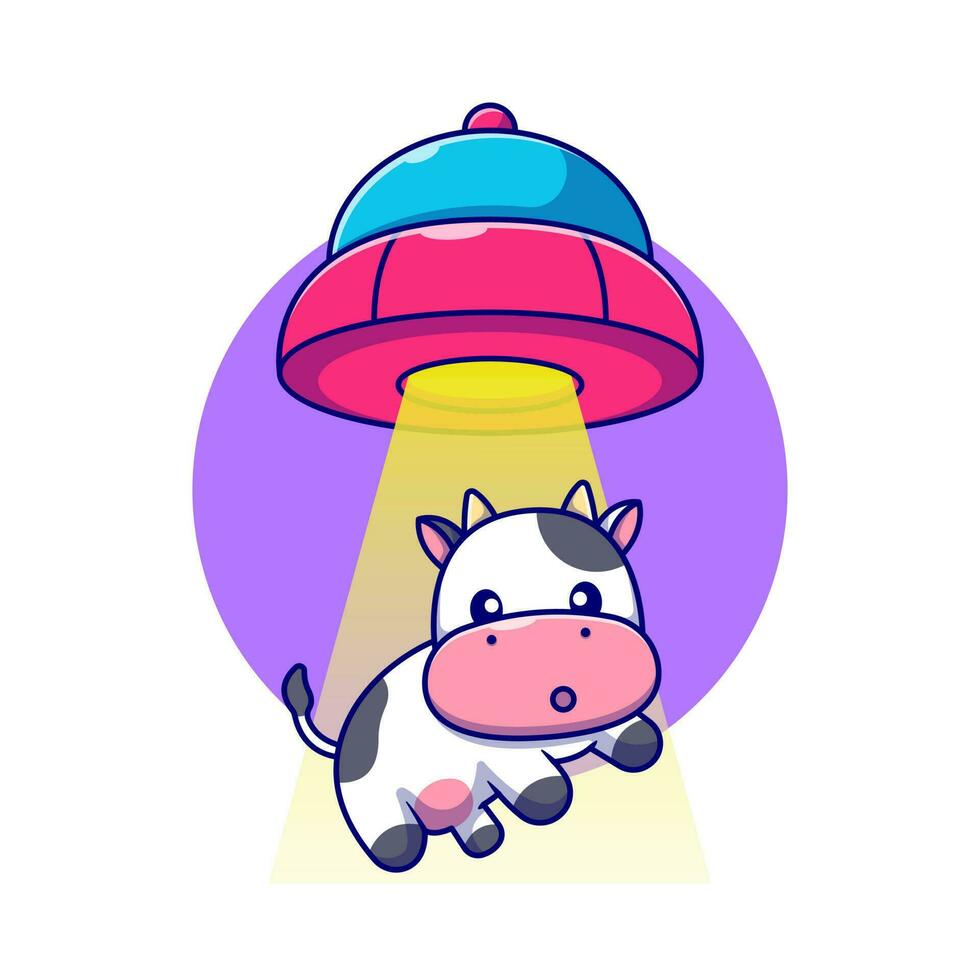 fofa vaca sugado dentro UFO nave espacial desenho animado vetor ícone ilustração. animal tecnologia ícone conceito isolado Prêmio vetor. plano desenho animado estilo