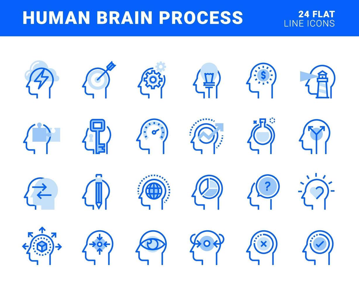 conjunto de ícones de linha plana do processo do cérebro humano, emoções, saúde mental, processo criativo, soluções de negócios, experiência do personagem, aprendizagem, estratégia e desenvolvimento, oportunidades. vetor