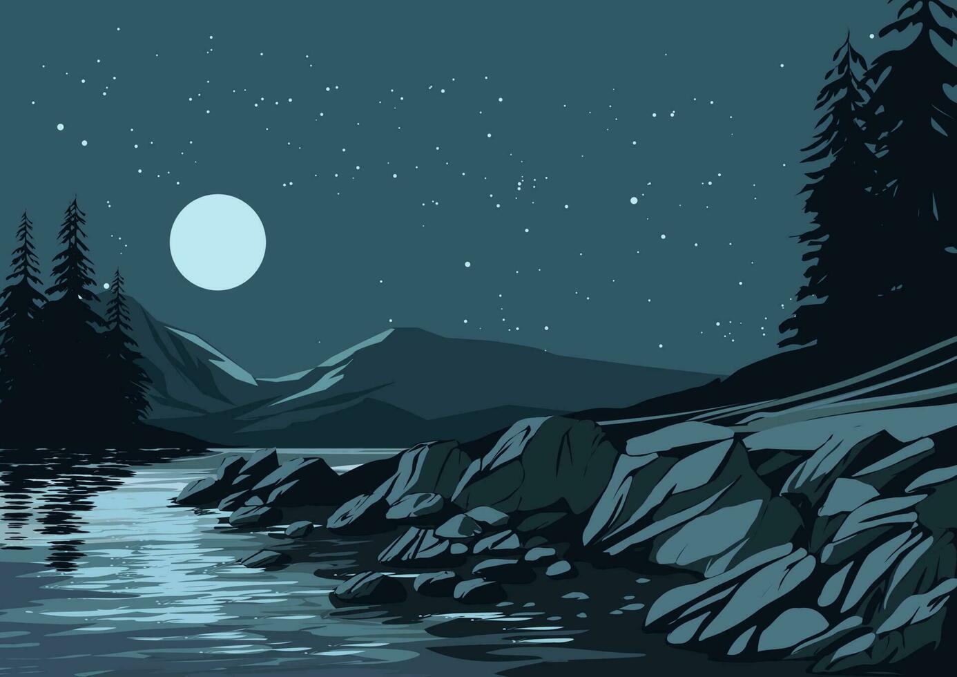 lindo calma noite sobre rio com rochas, árvores e montanha vetor