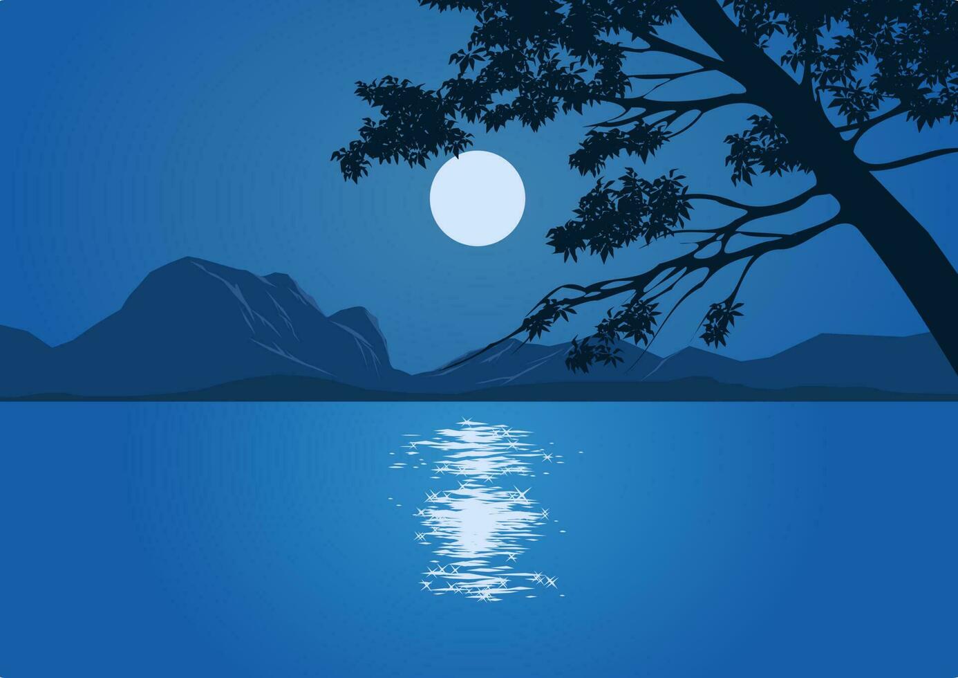 lindo tranquilo noite ilustração com cheio lua sobre lago e silhueta do uma árvore vetor