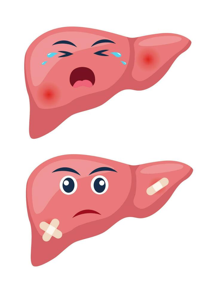 doente fígado com dor dor ou doença. triste desenho animado personagem fígado, corpo órgão ferido ou pouco saudável. humano desenho animado anatomia, crianças remédio. vetor ilustração.