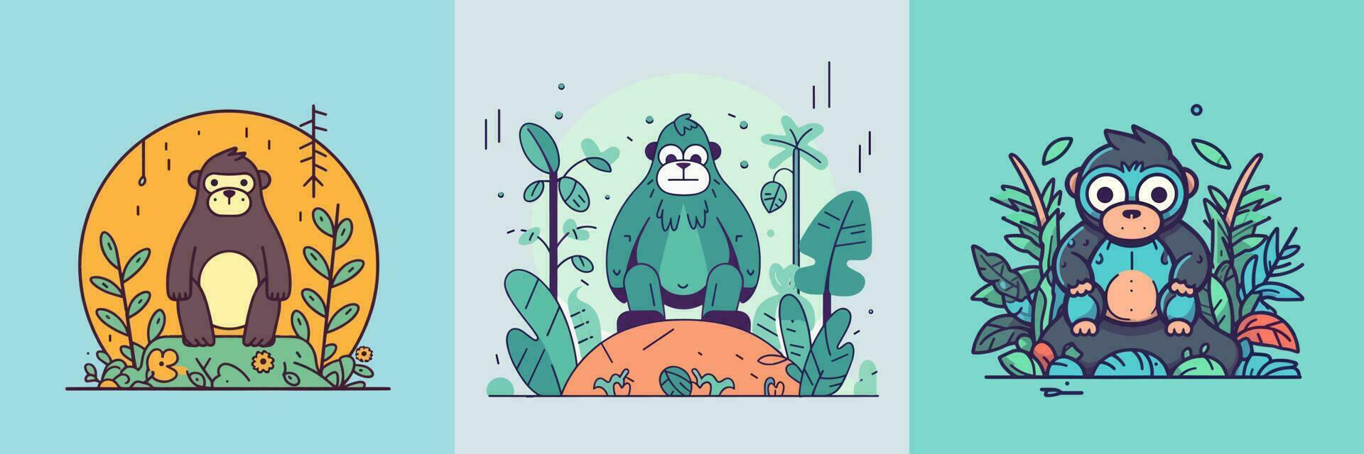 fofa kawaii gorila desenho animado ilustração vetor