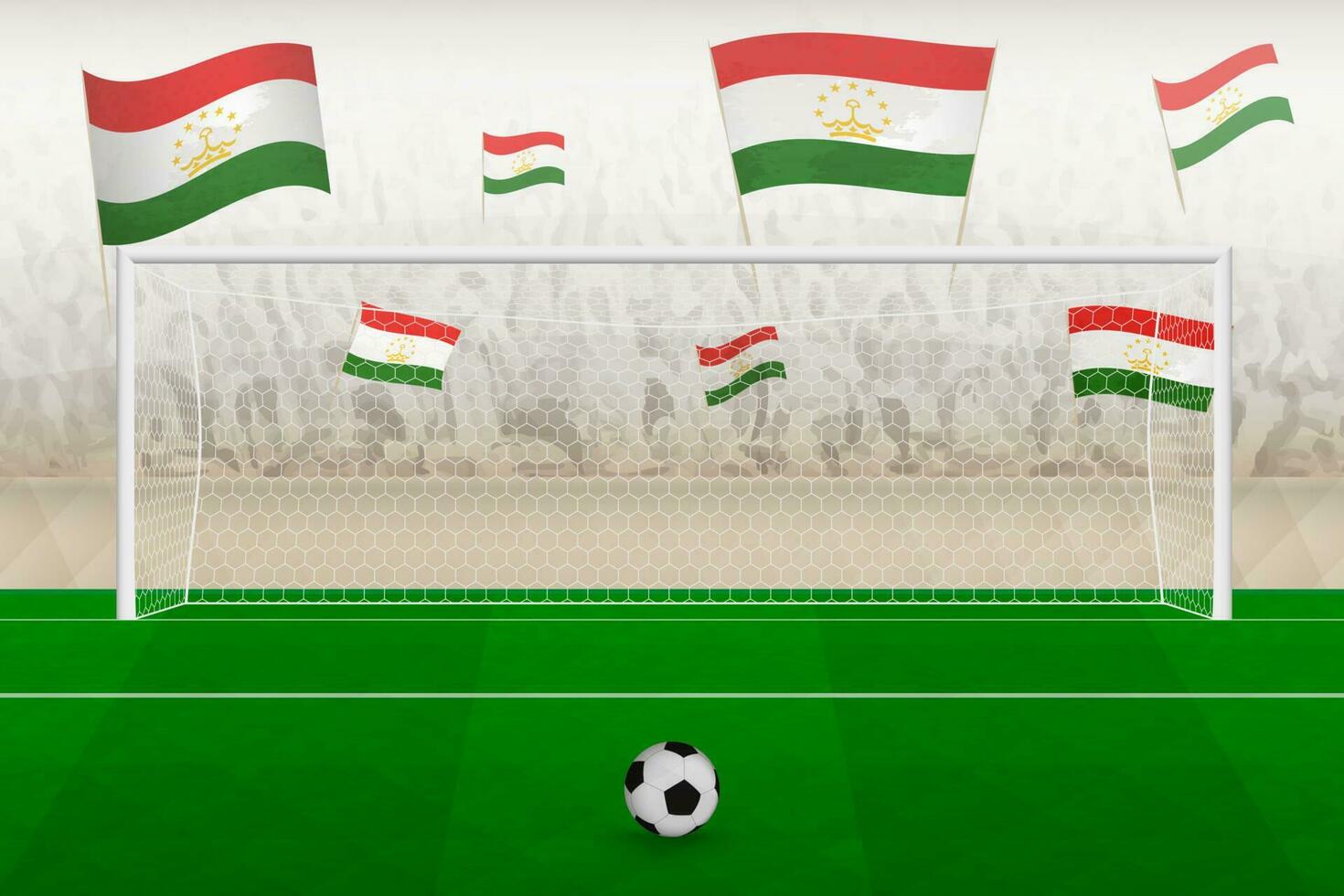 tajiquistão futebol equipe fãs com bandeiras do tajiquistão torcendo em estádio, multa pontapé conceito dentro uma futebol corresponder. vetor