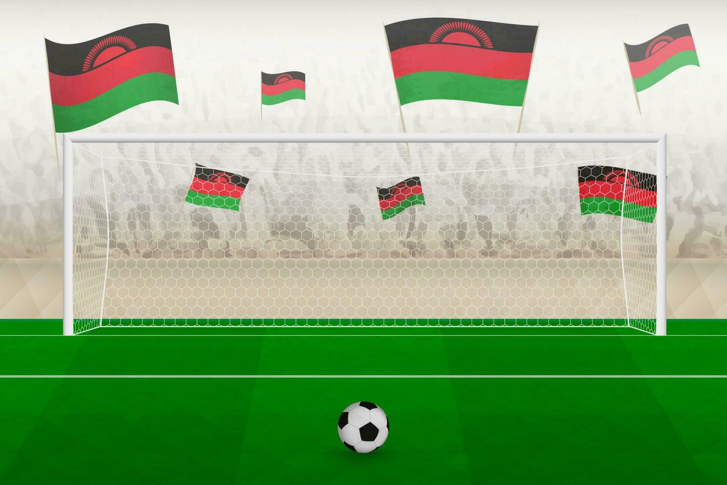 malawi futebol equipe fãs com bandeiras do malawi torcendo em estádio, multa pontapé conceito dentro uma futebol corresponder. vetor