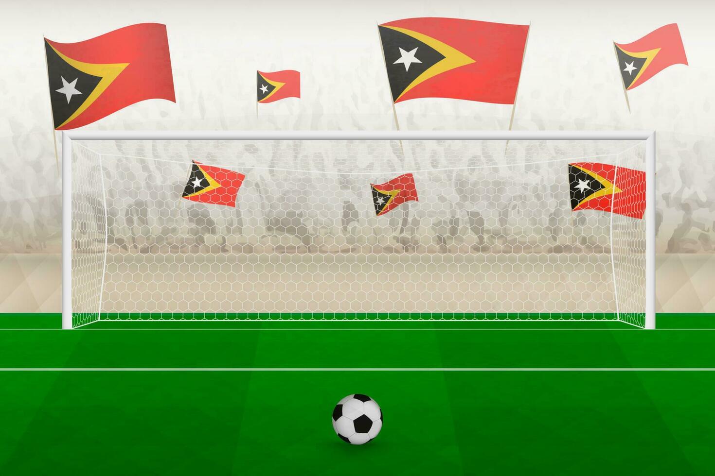 leste timor futebol equipe fãs com bandeiras do leste timor torcendo em estádio, multa pontapé conceito dentro uma futebol corresponder. vetor