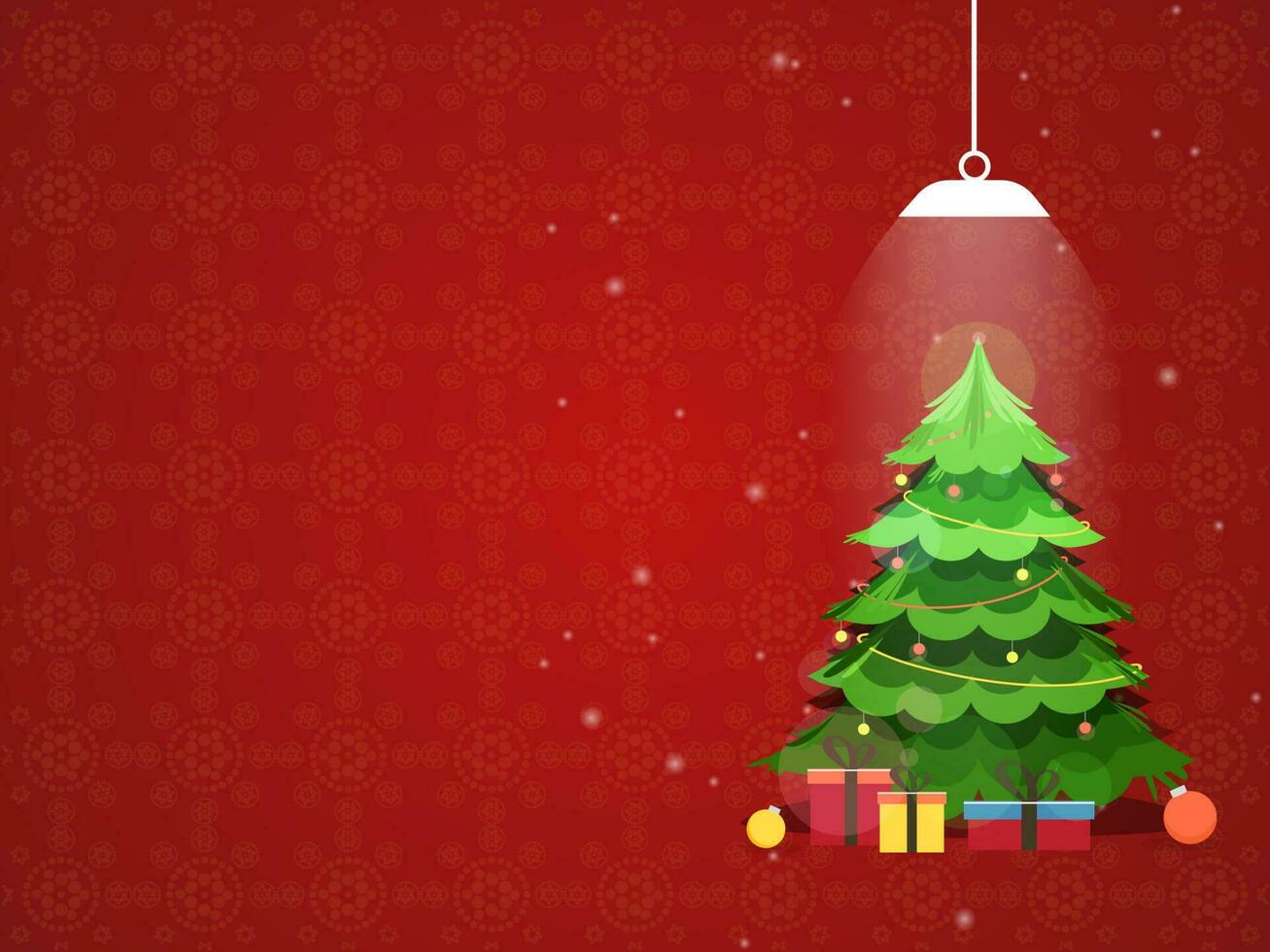 ilustração do Natal árvore com bugigangas, presente caixas e teto luminária em vermelho fundo. vetor