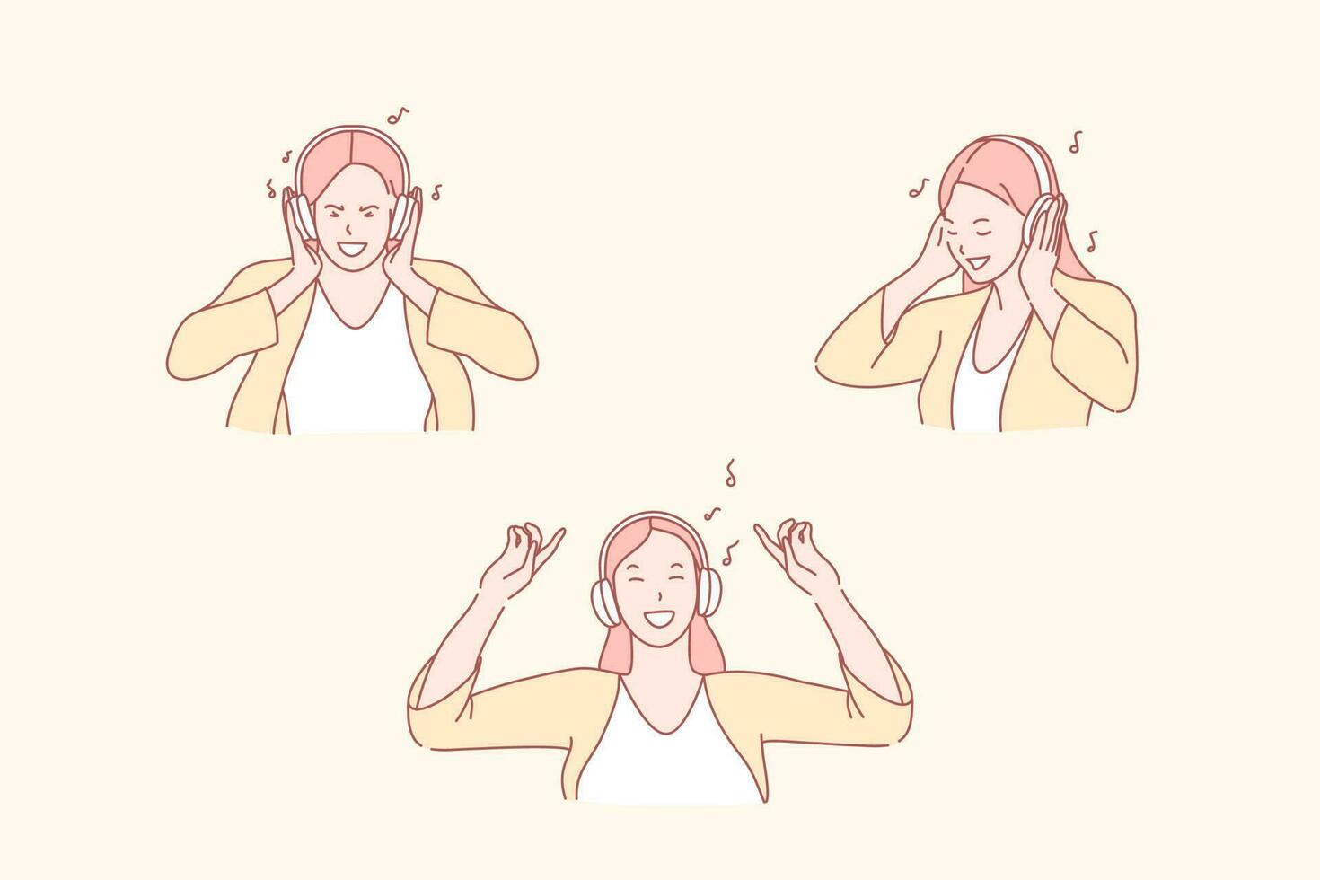 ouvindo para música, dança e relaxamento, prazer conceito. cantarolando melodia, comovente para bater, fêmea música amante, sorridente menina com fones de ouvido, jovem mulher fazer dança movimentos. simples plano vetor