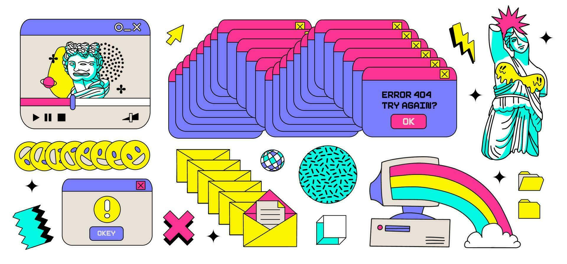 ano 2000 néon velho computador estético elementos definir. retro pc painéis, do utilizador interface, psicodélico grego esculturas, emoji, janelas, ícones dentro anos 90-00 estilo. vetor ilustrações. nostalgia para Década de 1990 -2000.