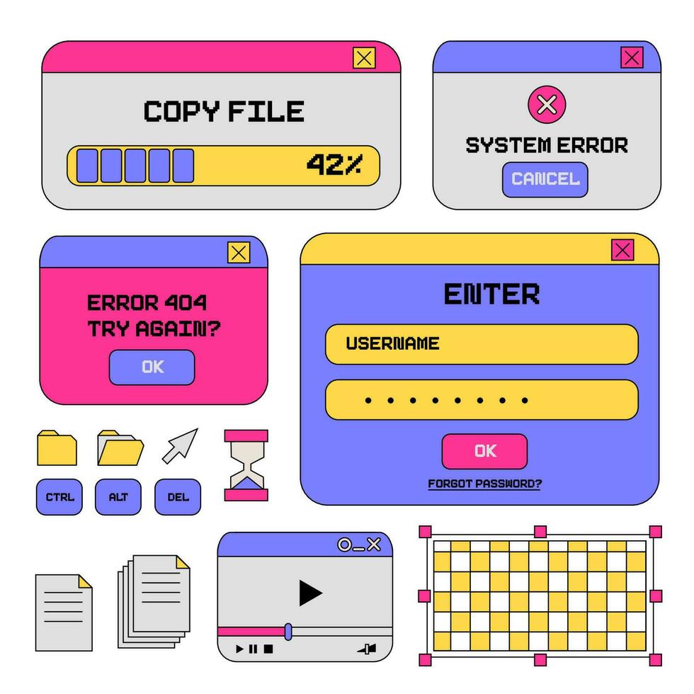 retro do utilizador interface elementos conjunto - guias, botões, janelas, pastas. vintage computador onda de vapor Área de Trabalho do local na rede Internet inscrição programação coleção. contorno vetor ilustração.