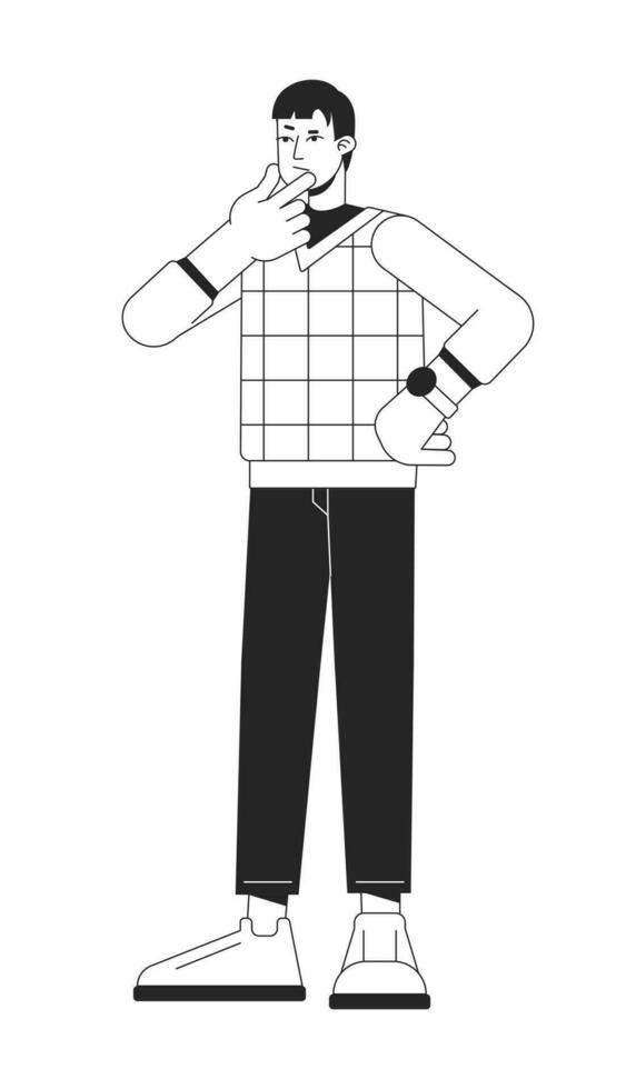 contemplar pensativo jovem homem plano linha Preto branco vetor personagem. editável esboço cheio corpo pessoa. casual cara pensando dentro cheio comprimento simples desenho animado isolado local ilustração para rede Projeto