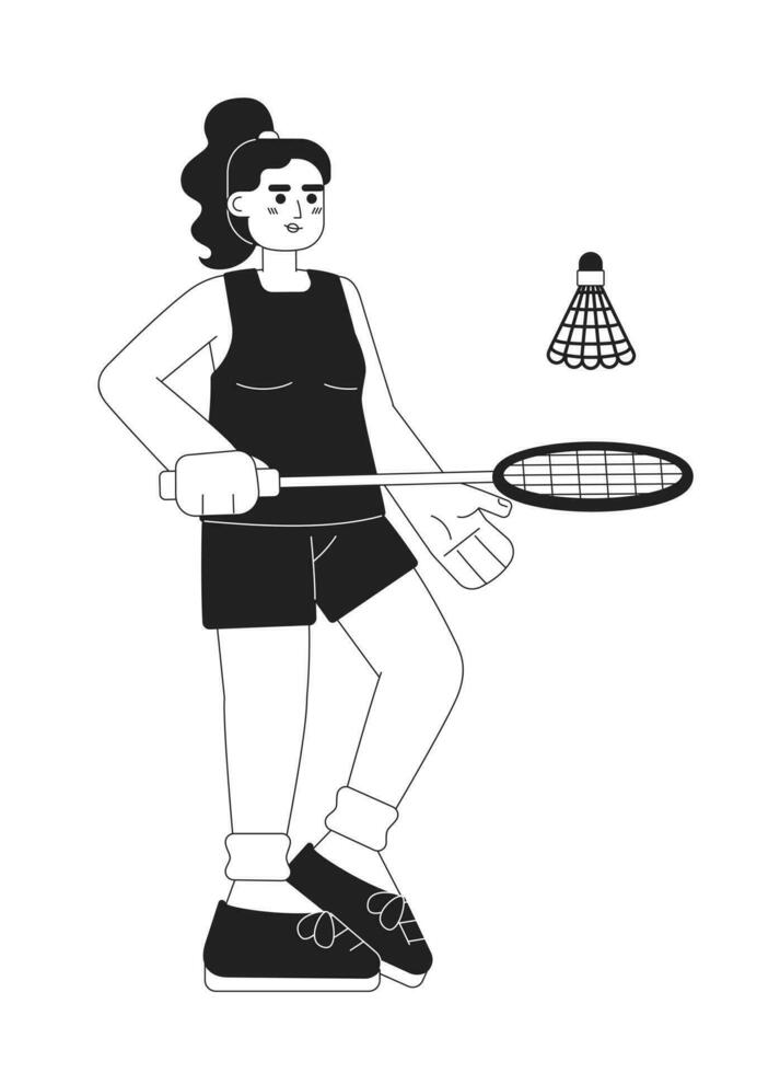 jovem desportista jogando badminton monocromático plano vetor personagem. fêmea atleta batendo peteca. editável fino linha cheio corpo pessoa em branco. simples bw desenho animado local imagem para rede Projeto
