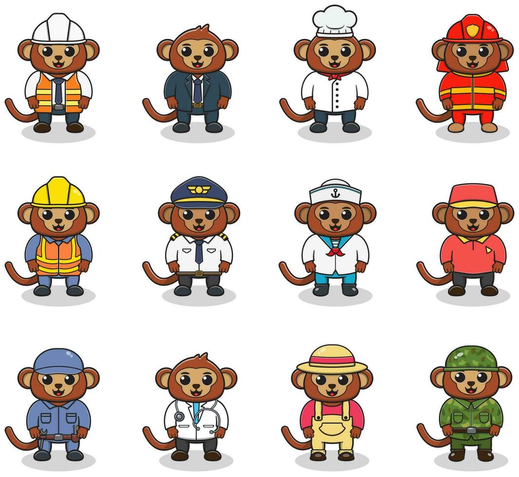 vetor conjunto do fofa macaco com diferente profissões. desenho animado fofa macaco vestido dentro diferente ocupação uniforme. vetor personagens com empregos diferente ocupação.