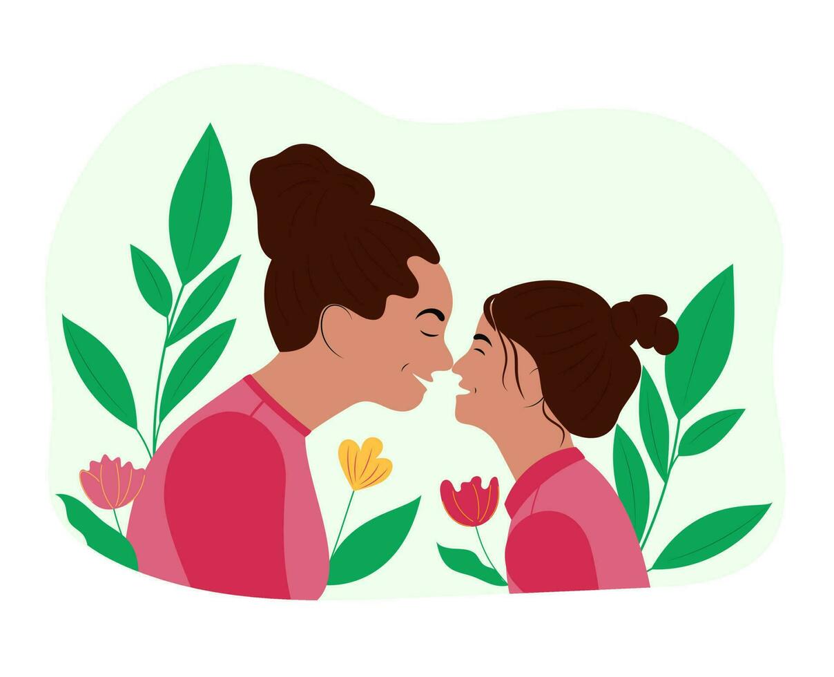 jovem mãe com filha. mães dia. nacional filhas dia. família dia. pai e criança vetor ilustração