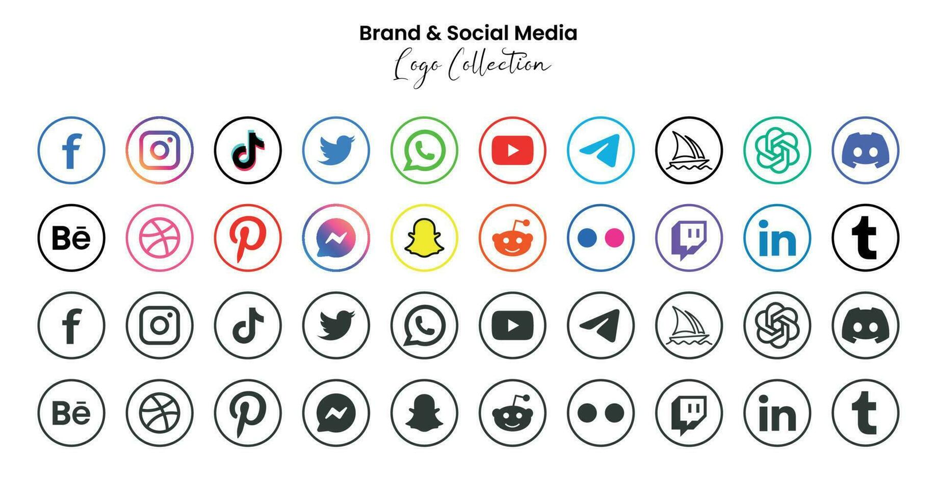 popular social rede símbolos, social meios de comunicação logotipo ícones coleção, Instagram, Facebook, Twitter, YouTube, chatgpt, meio da jornada, discórdia e etc. social meios de comunicação ícones vetor