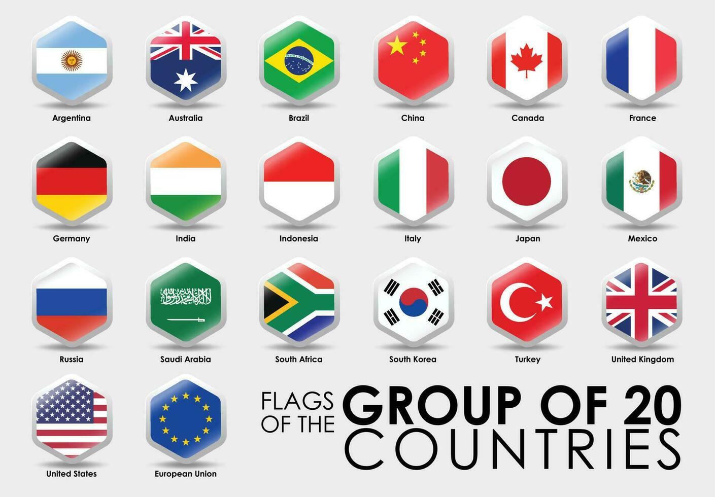 bandeiras do a g20 países. simples hexágono forma Projeto. nacional bandeiras ícone definir. vetor ilustração em cinzento fundo