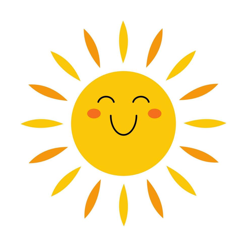 vetor Sol dentro plano Projeto. feliz sorridente Sol. infantil fofa brilho do sol emoji. kawaii amarelo Sol com raios de sol. bebê brilho do sol com corar.