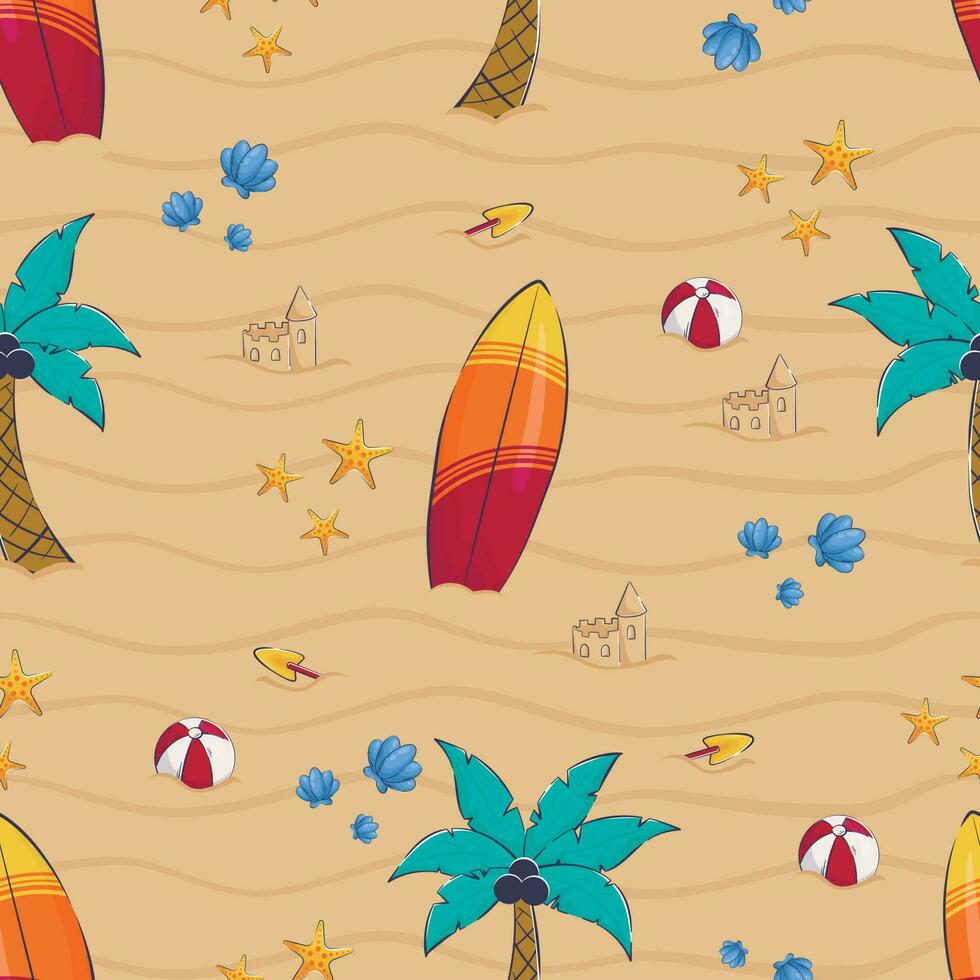 desatado padronizar com desenho animado Palma árvores e pranchas de surf, bola, Castelo de Areia em a de praia vetor