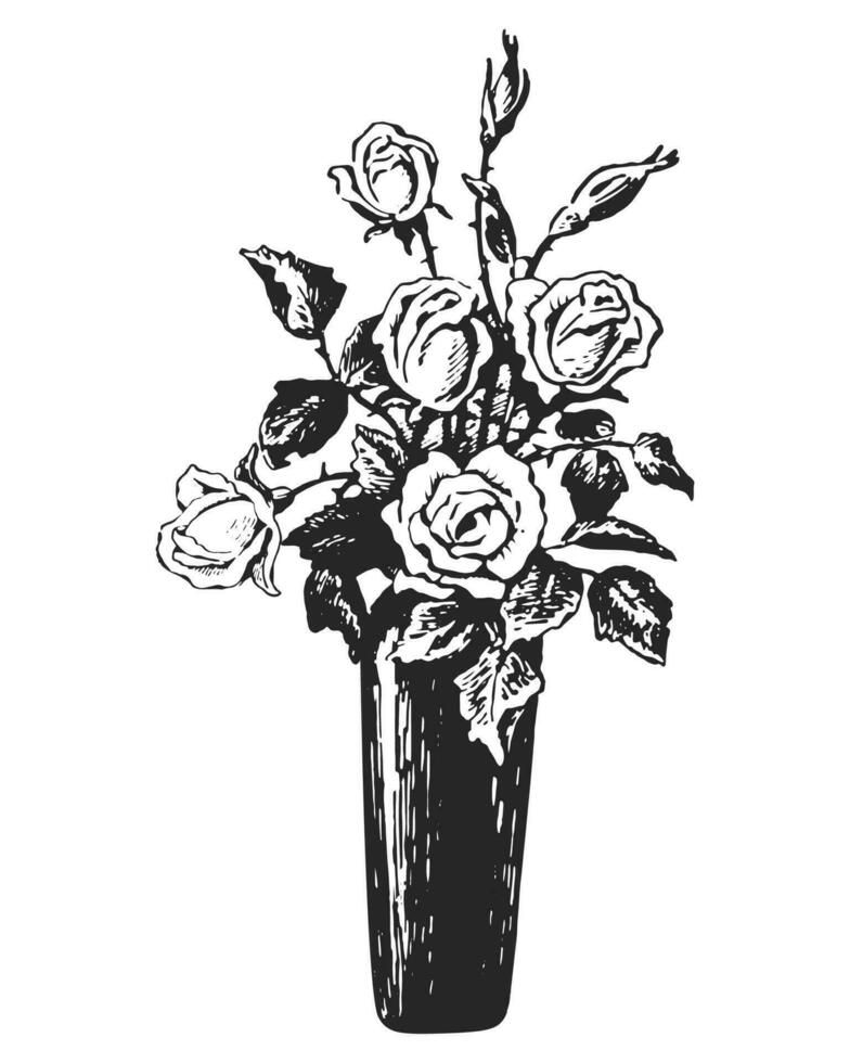 retro ramalhete do rosas dentro uma vaso. mão desenhado tinta ilustração. esboço vetor desenho.