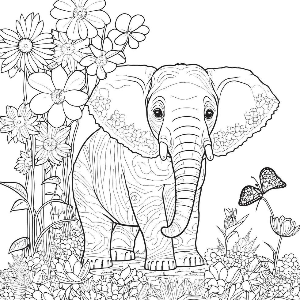 elefante animal flores adultos coloração página linha- arte vetor