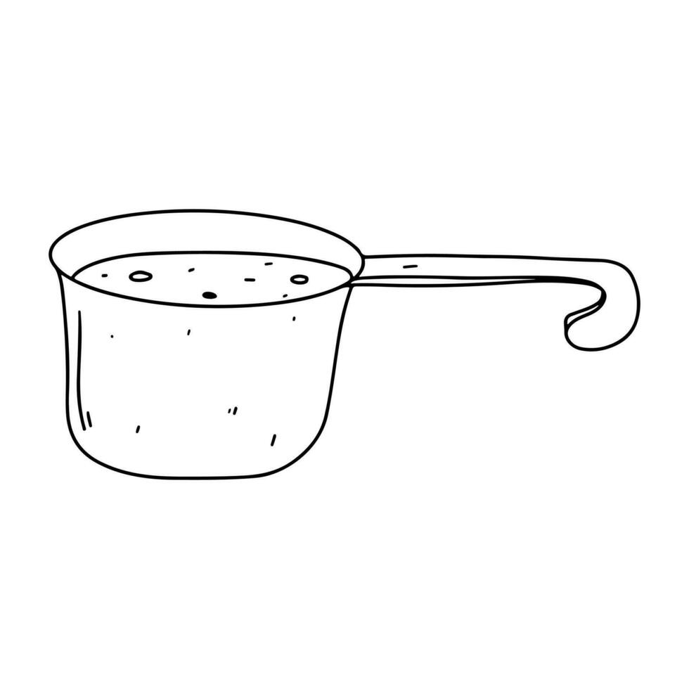 Panela com Comida dentro mão desenhado rabisco estilo. vetor ilustração isolado em branco. coloração página.