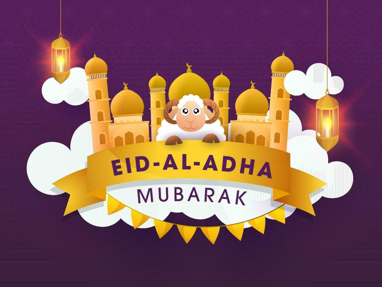eid-al-adha Mubarak texto dentro dourado fita com desenho animado ovelha, mesquita, nuvens e suspensão iluminado lanternas em roxa fundo. vetor