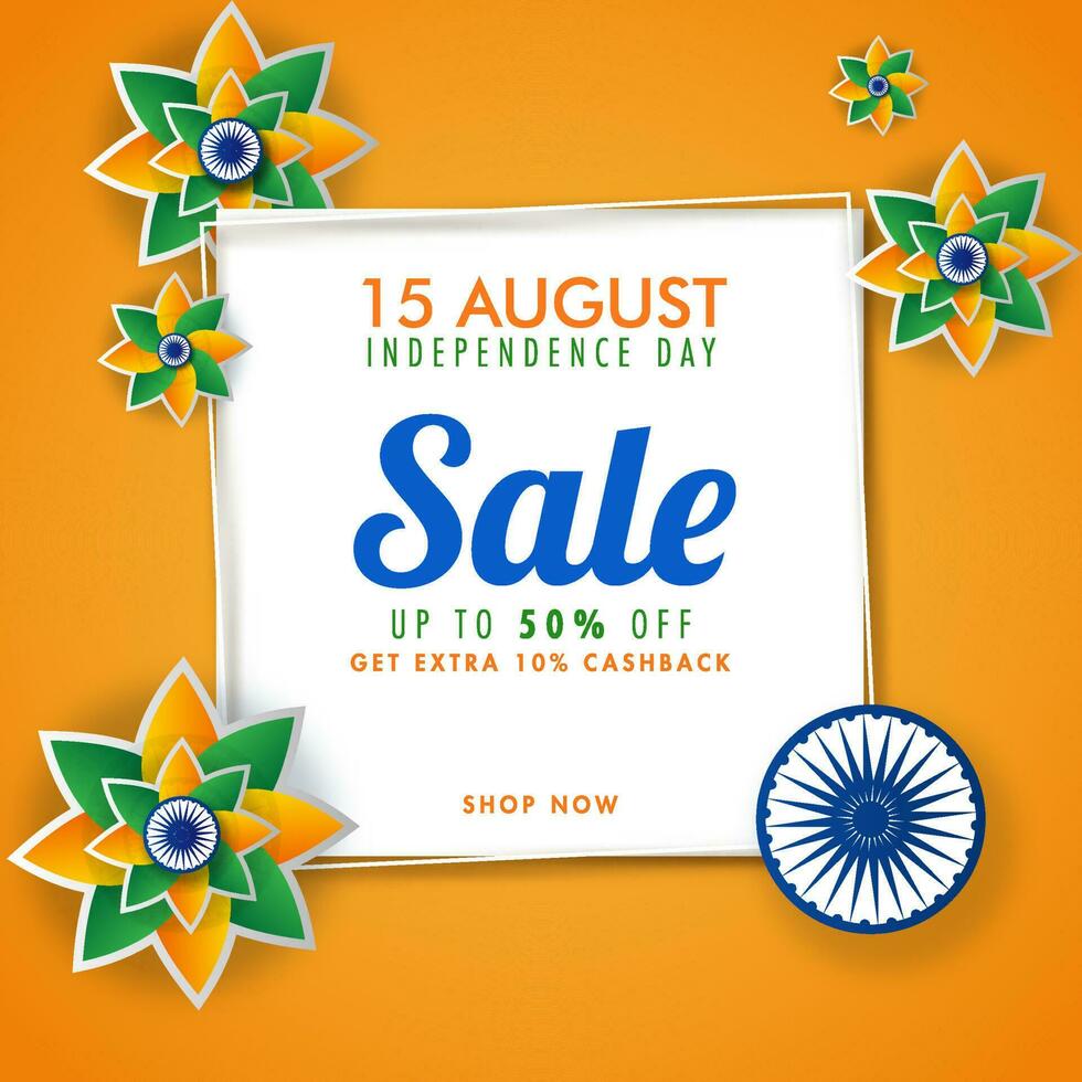 15 agosto, independência dia venda poster Projeto com 50. desconto oferta e extra 10 dinheiro de volta em laranja fundo. vetor