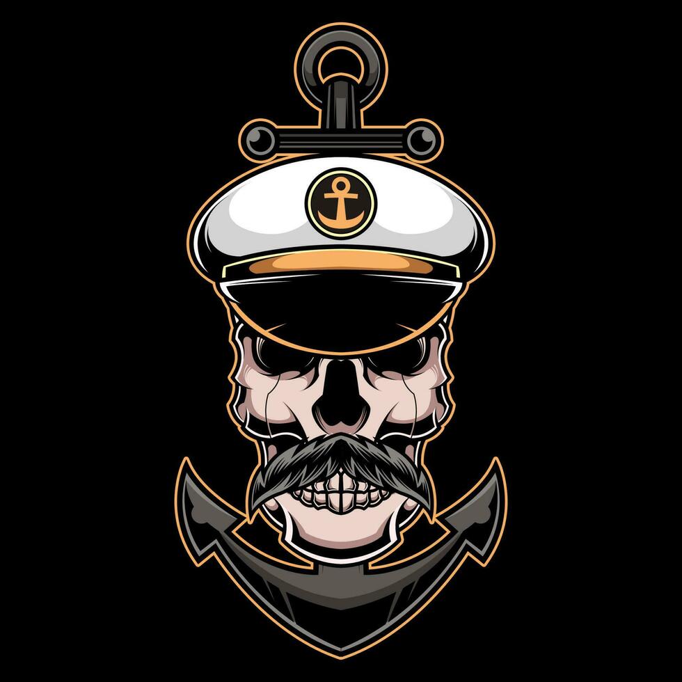 ilustração do uma crânio encabeçado capitão marinheiro com a âncora vetor