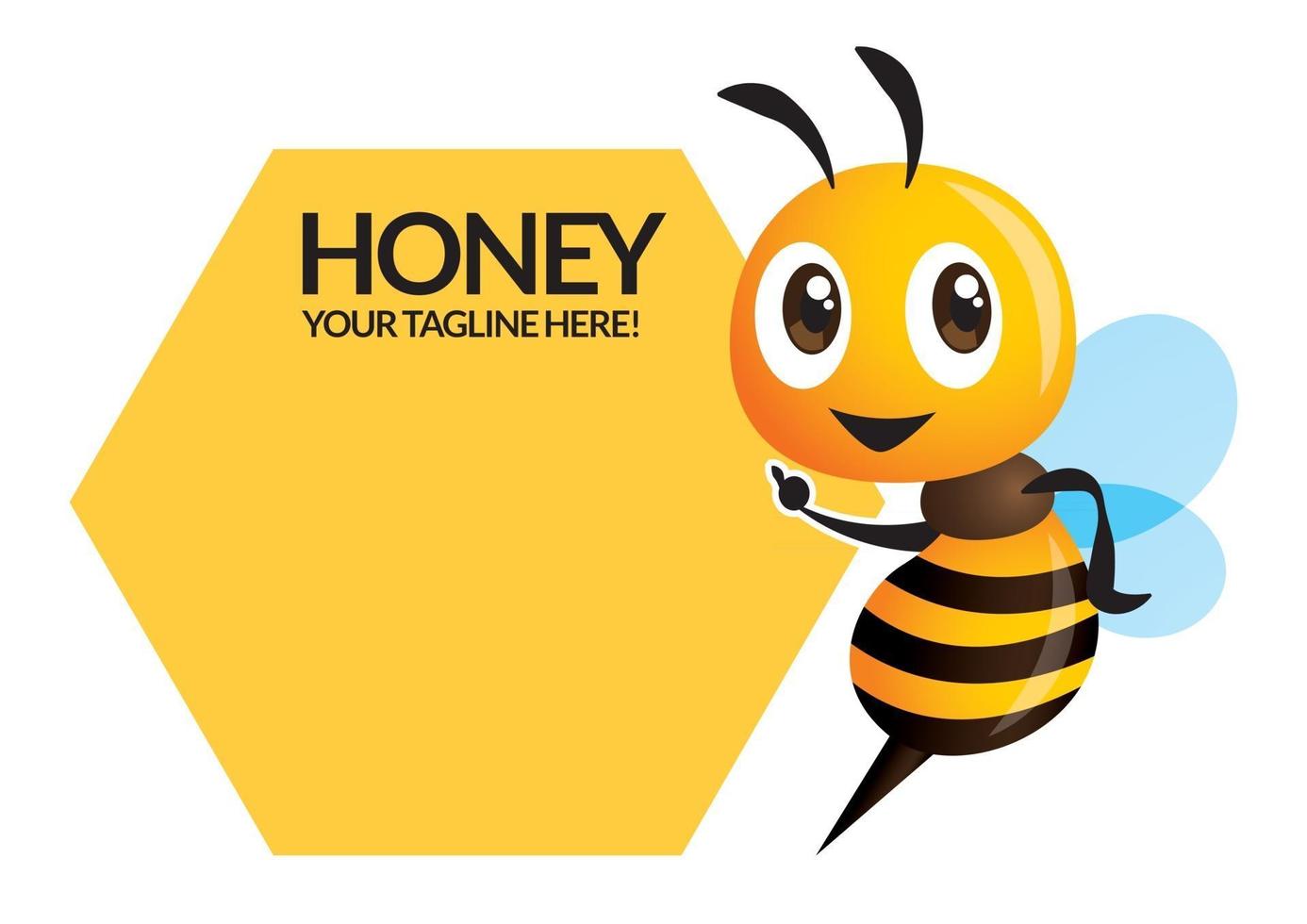 desenho animado bonito abelha apontando para a placa do nome da empresa vetor