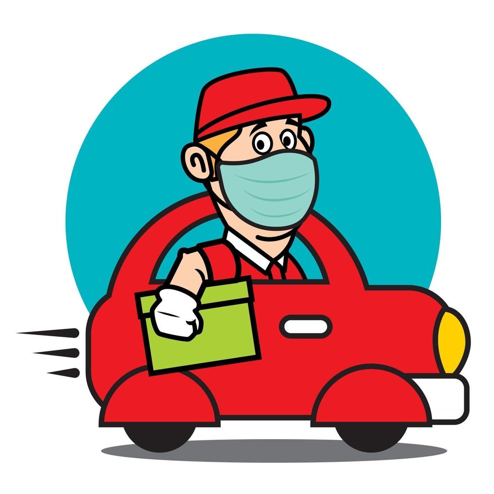 entregador usa máscara protegida dirigindo um minicarro vermelho para entrega do pacote com velocidade durante a pandemia vetor