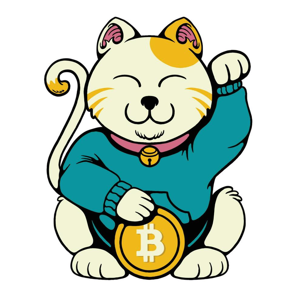 ilustração do uma por sorte gato com criptomoeda moeda vetor