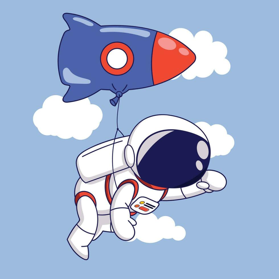 fofa desenho animado astronauta vôo dentro a céu com uma foguete balão. vetor ilustração