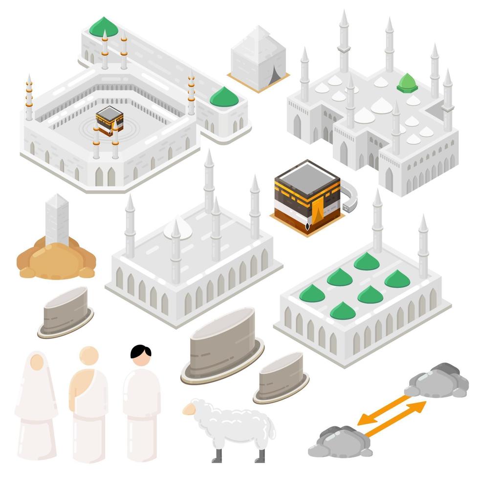 Ilustração em vetor isométrico hajj definida para elementos infográfico de ilustração de peregrinação