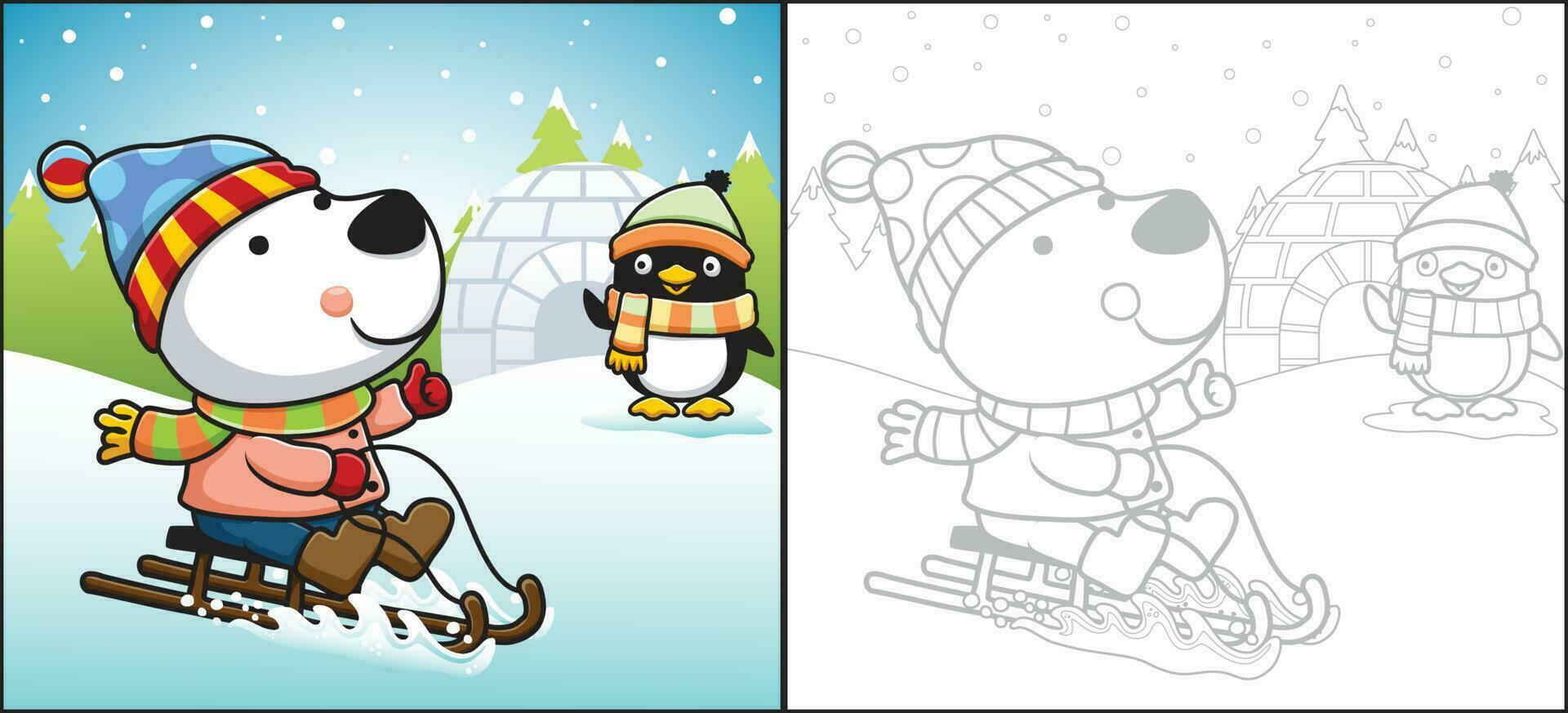 vetor desenho animado do polar Urso dentro inverno roupas em trenó com pequeno pinguim, iglu em pinho árvores fundo. coloração livro ou página