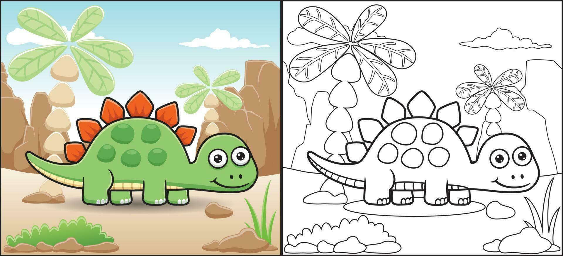 coloração livro ou página do estegossauro desenho animado em montanhas Rocha fundo vetor