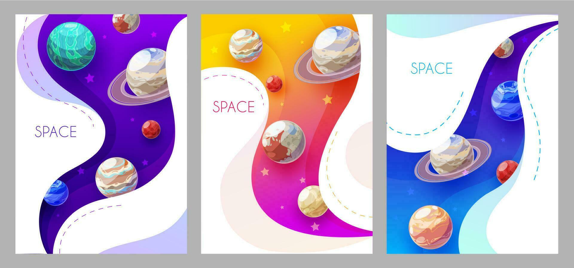 espaço cartazes com desenho animado planetas, vetor galáxia
