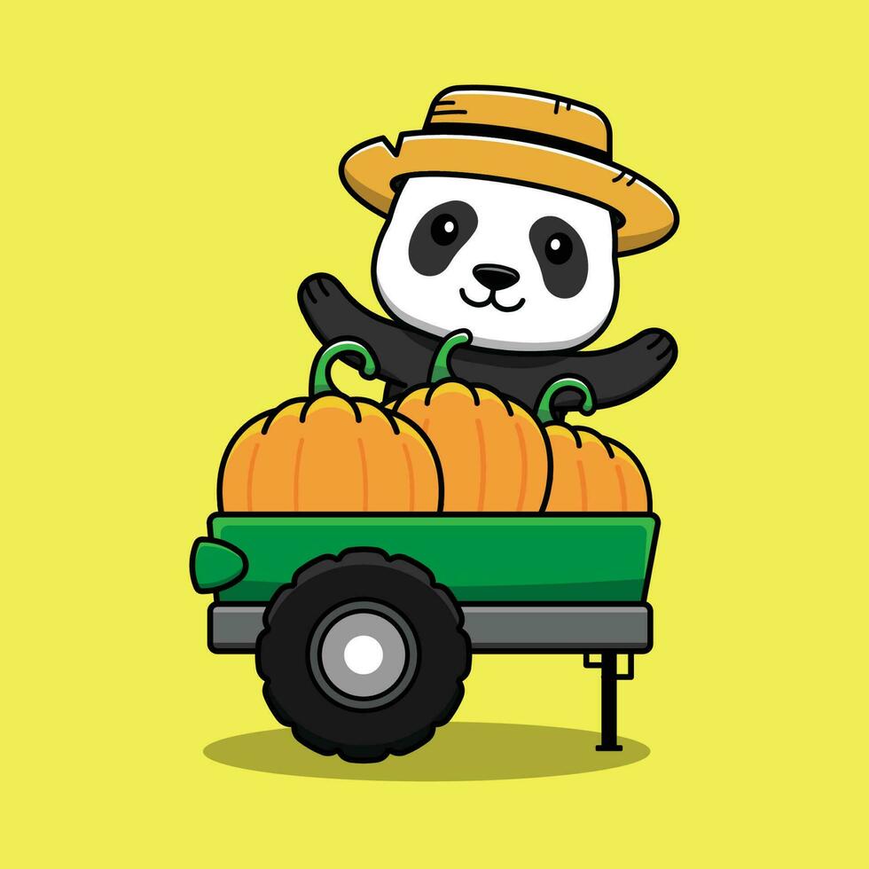 fofa panda desenho animado personagem com abóboras em a caminhão. vetor ilustração.