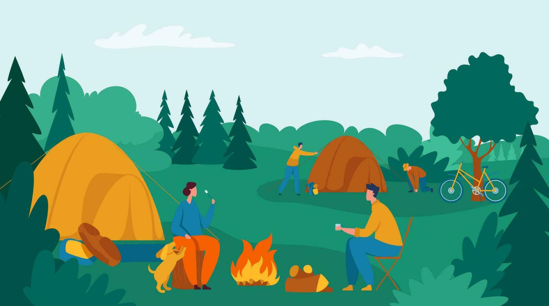 pessoas acampamento, grupo do turistas com barraca e fogueira vetor