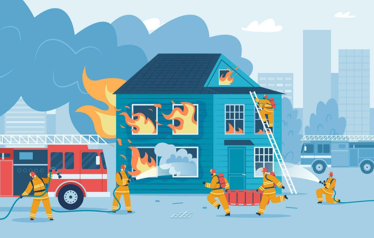 bombeiros colocando Fora casa fogo, bombeiros experimentar para extinguir chamas. bombeiro dentro uniforme usando Mangueira de incêndio, queimando construção vetor ilustração