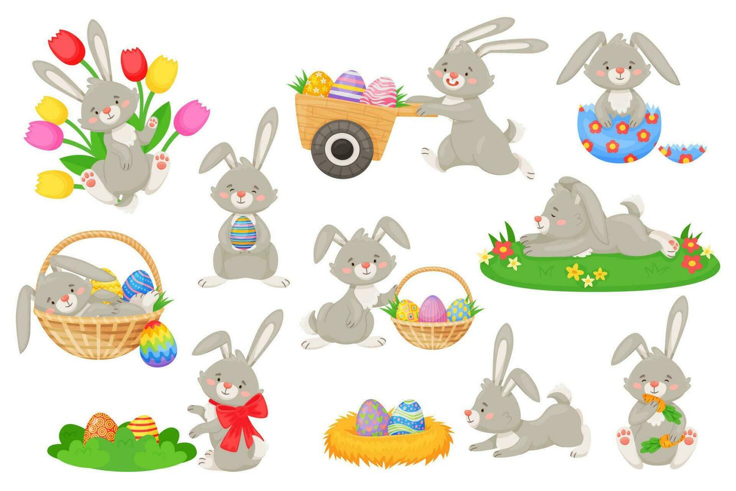 desenho animado Páscoa coelhos com cestas e pintado ovos, fofa coelhos. fofo Coelho segurando ovo, Primavera feriado Coelho personagem vetor conjunto