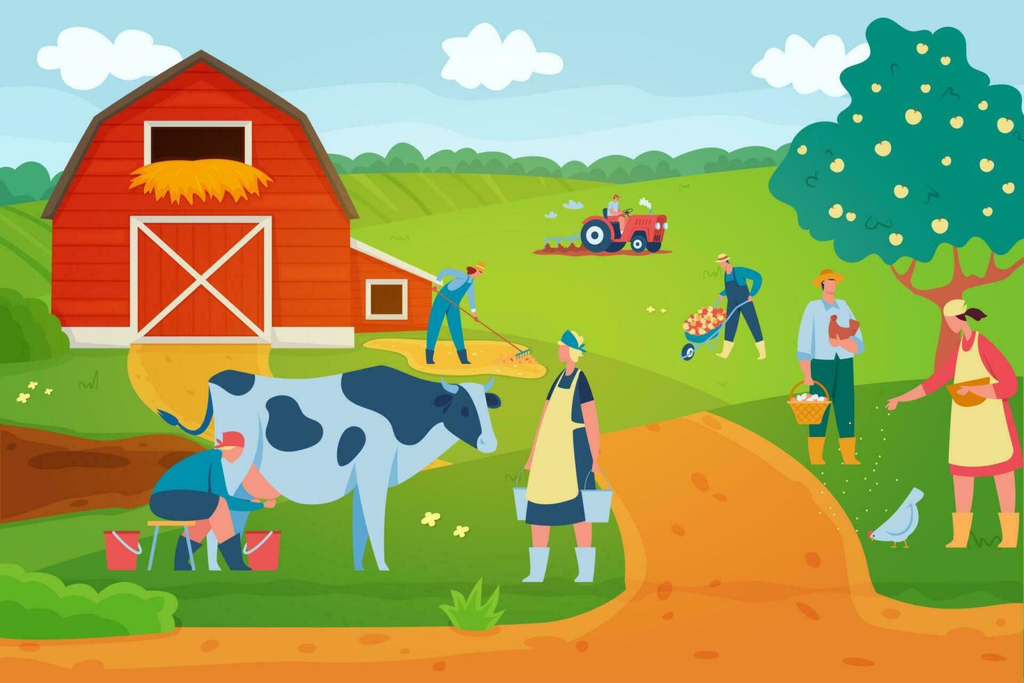 agricultores às trabalhar, personagens alimentando galinhas e colecionar ovos. mulheres ordenha vaca e carregando baldes vetor