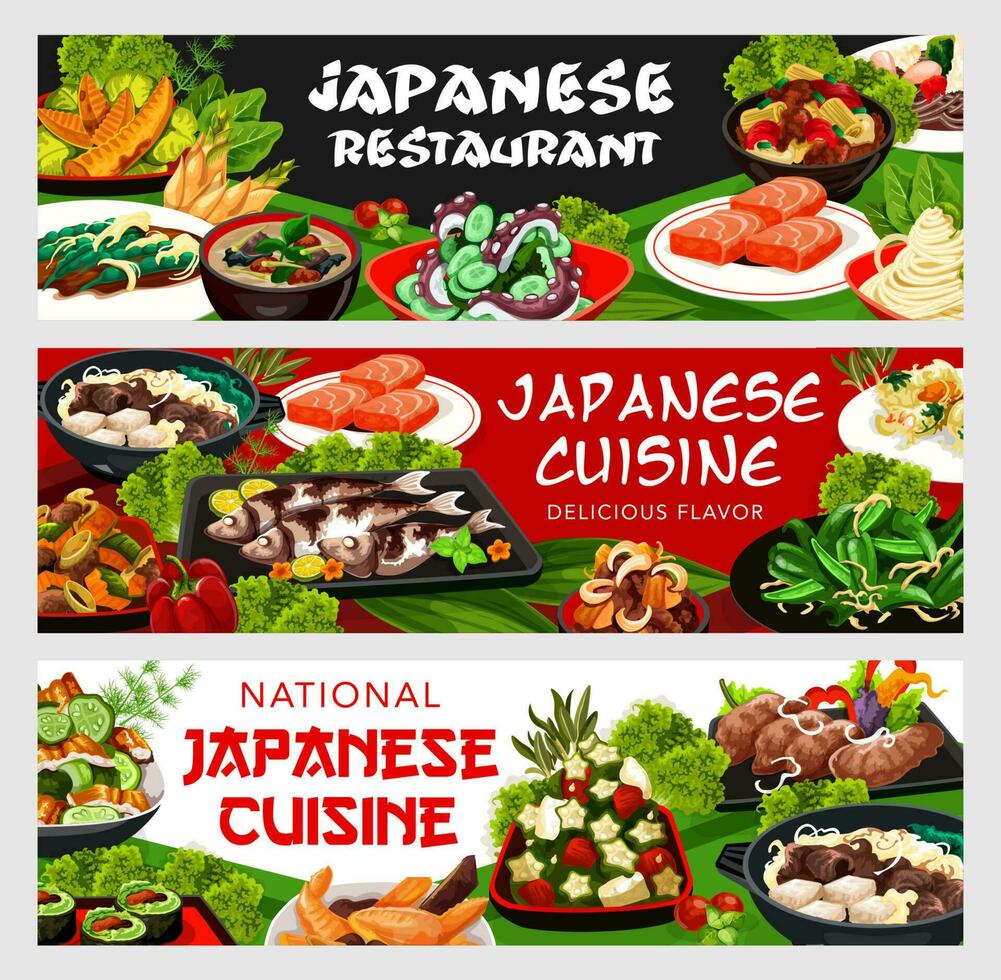 japonês cozinha vetor Comida bandeiras, ásia refeições