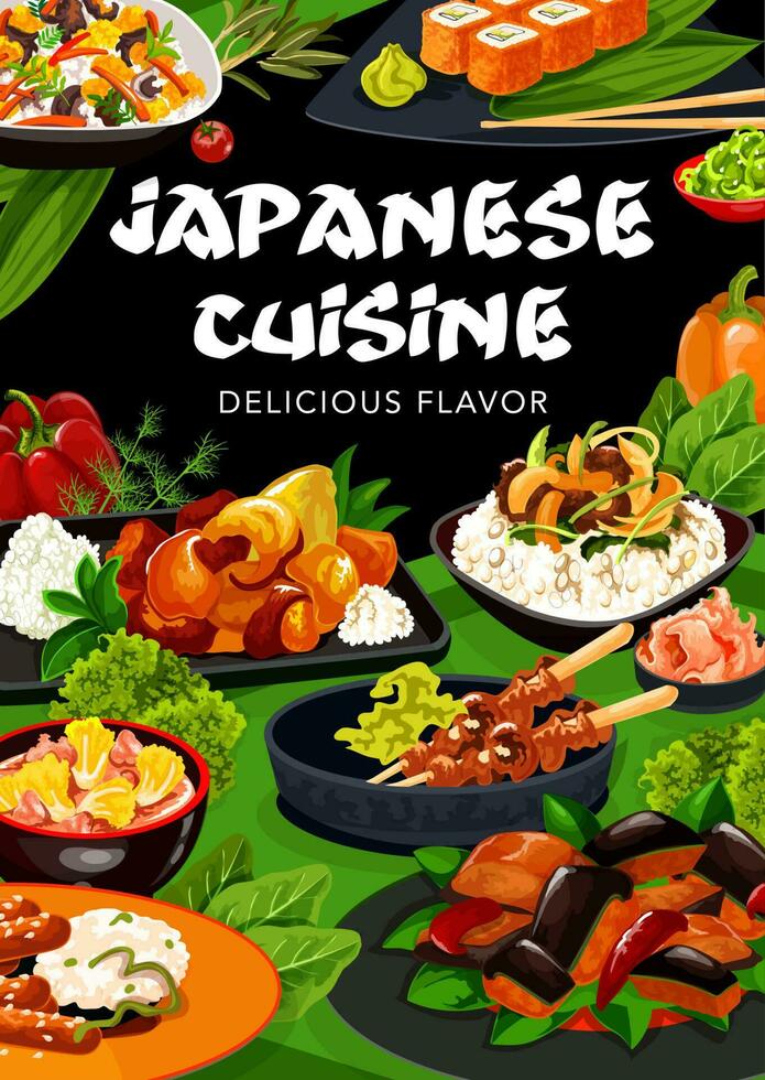 japonês cozinha comida, arroz, peixe, carne, vegetal vetor