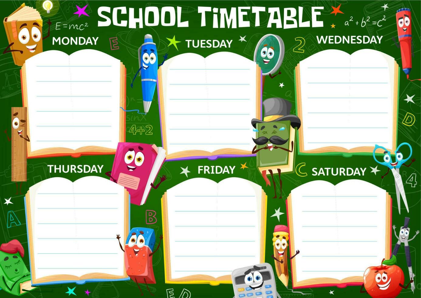 crianças calendário cronograma com escola papelaria vetor