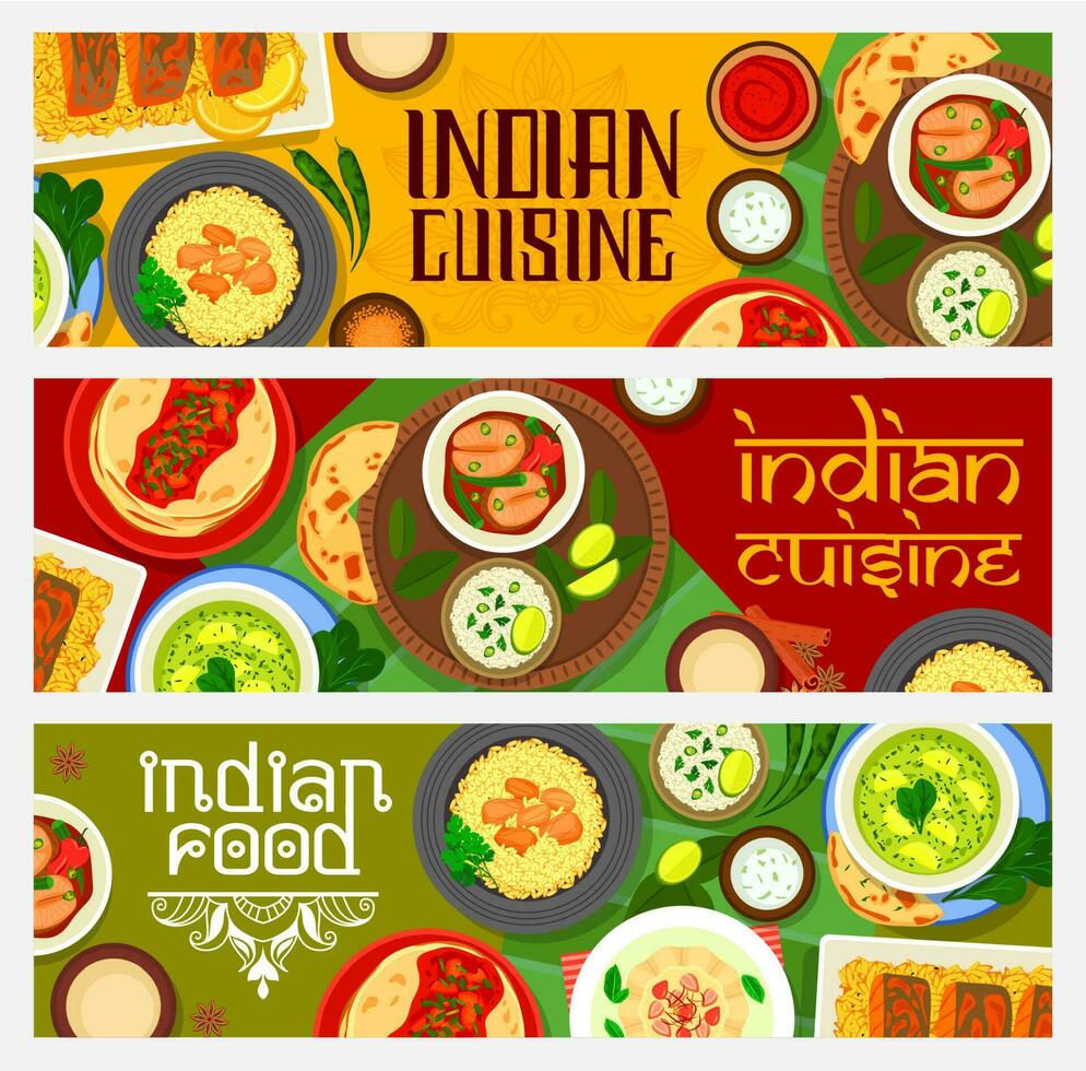 indiano cozinha Comida bandeiras, especiaria pratos, sobremesa vetor