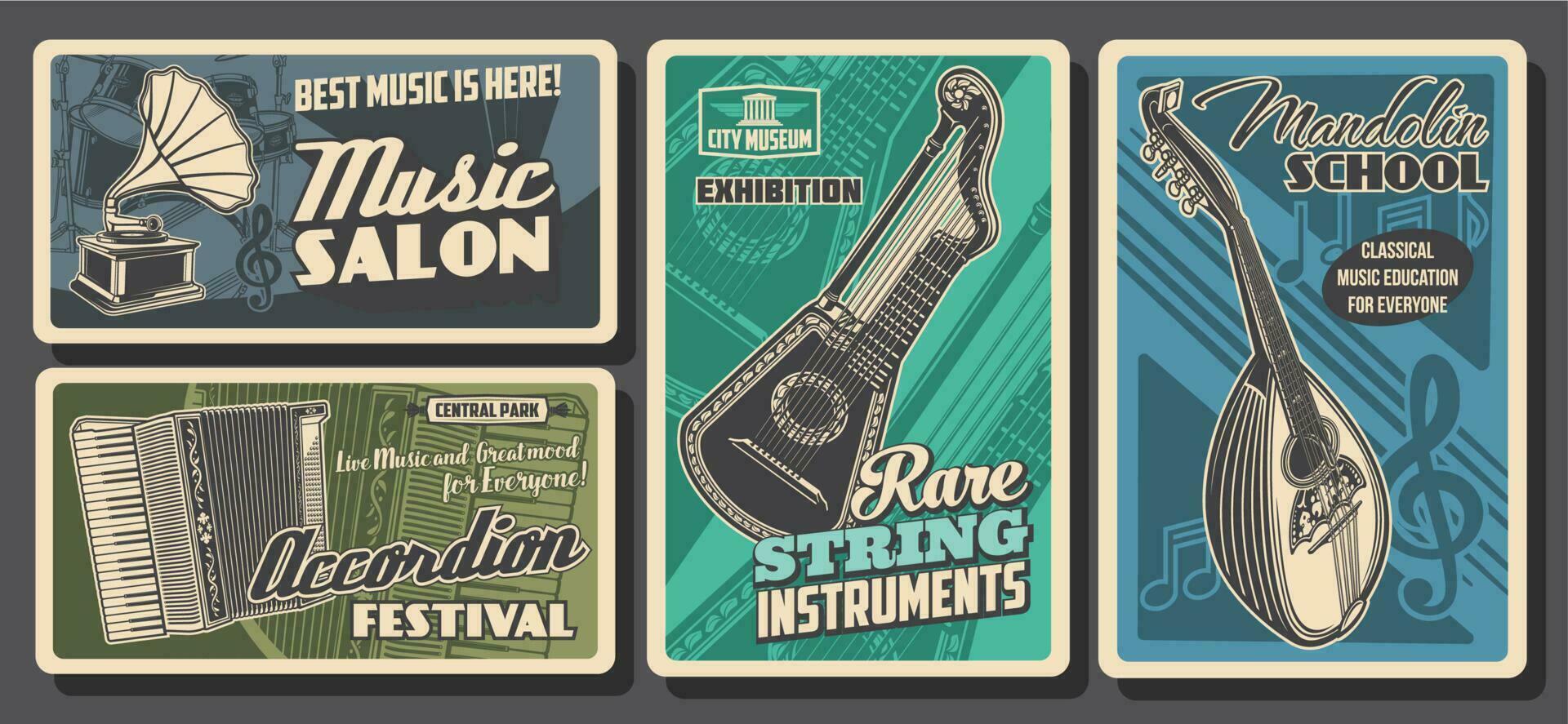 música instrumentos cartazes retrô, show festival vetor