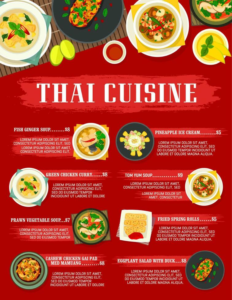 tailandês cozinha vetor cardápio Tailândia Comida refeições.